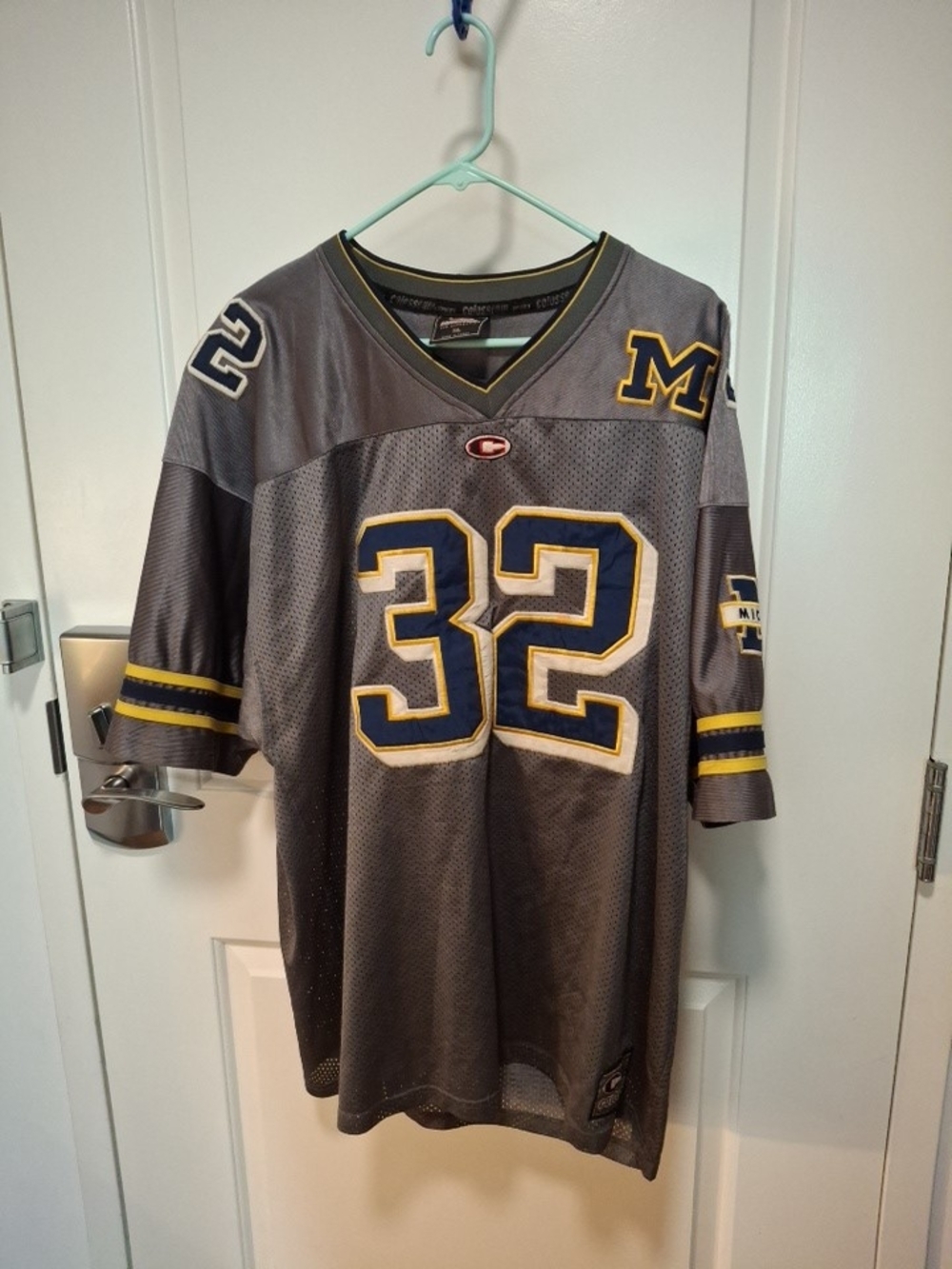 Vintage Men's Gray #32 Michigan-Style Football Jersey with Yellow Trim